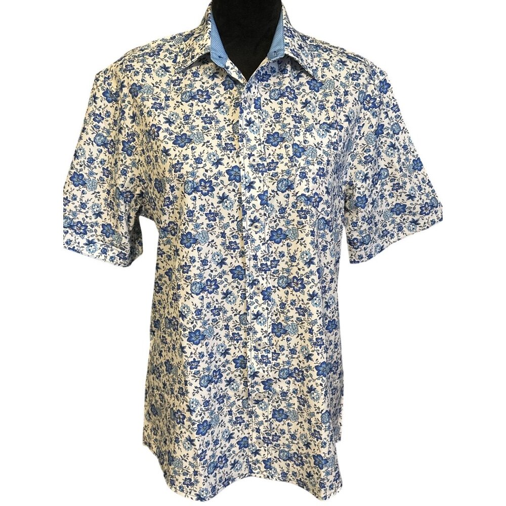 Nick Graham Mens Stretch Modern Fit Short Sleeve Floral Shirt White/Blue S